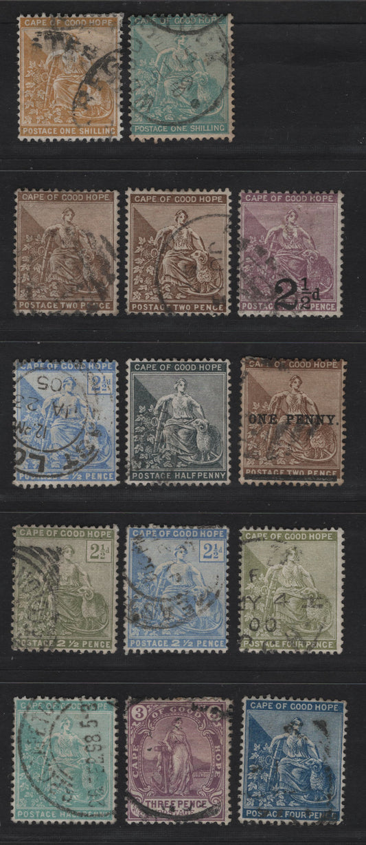 Lot 96 Cape of Good Hope (C) SG#48a, 50,a, 51a, 53a, 55-57, 60-61, 63, 65, 67 1/2 - 1/- Gray Black - Yellow Ochre Seated Hope, 1884-1898 Seated Hope Issue, 14 Fine/Very Fine Used Singles, Cabled Anchor Wmk