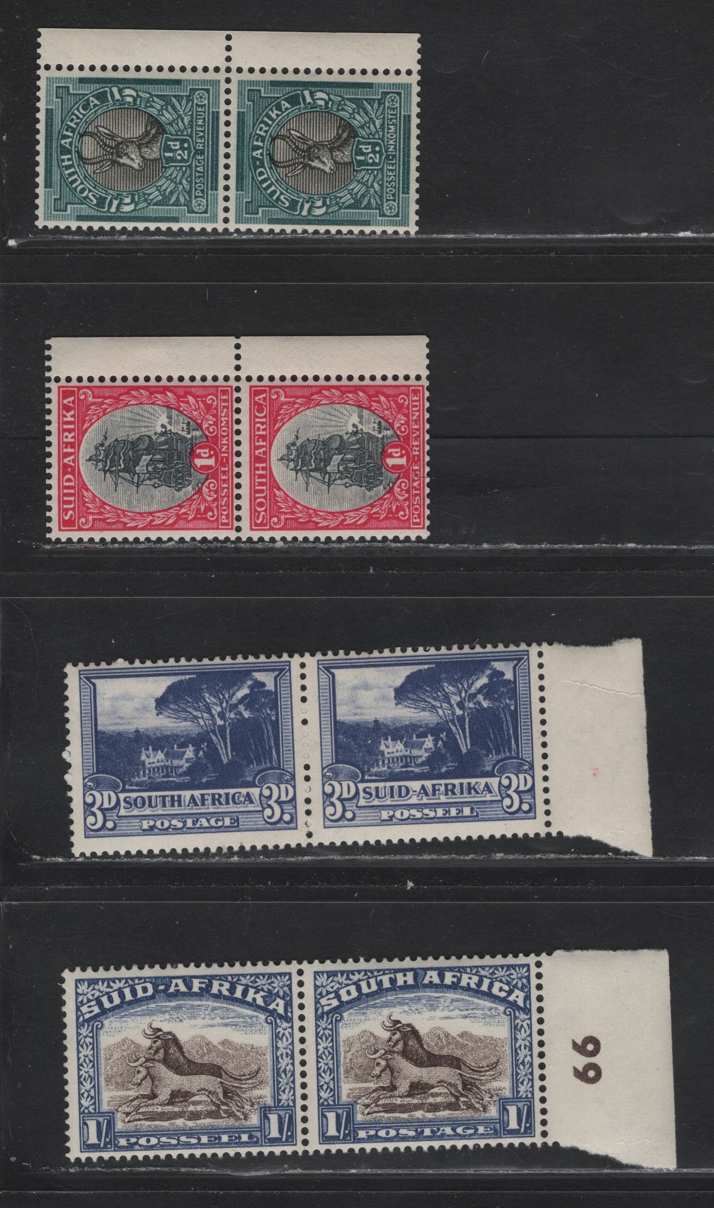 Lot 99 South Africa (C) SG#114c, 115, 117, 120 1/2d - 1/- Gray & Green - Brown & Chalky Blue Pictorials, 1947-1954 Pictorial Issue, 4 F/VFNH Pairs, Showing Screened Designs