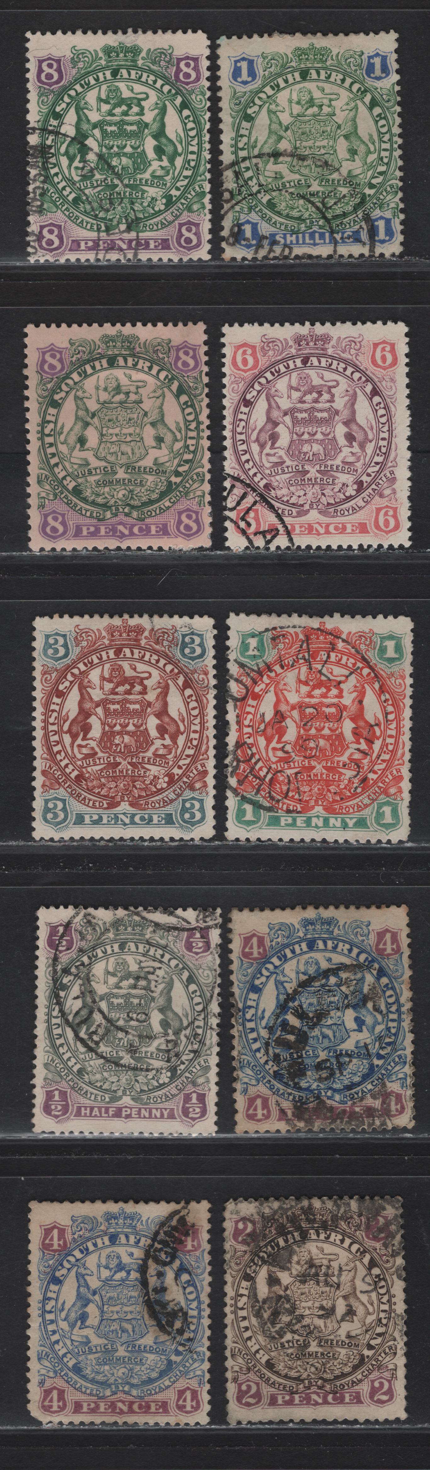 Lot 10 Rhodesia (C) SG#30, 34-35, 44-a, 66-67, 69, 71-72 2d - 8d Brown & Mauve - Green & Mauve on Buff Arms, 1896-1897 Waterlow Arms Issue, 10 Fine/Very Fine Used Singles, Original & Redrawn Designs
