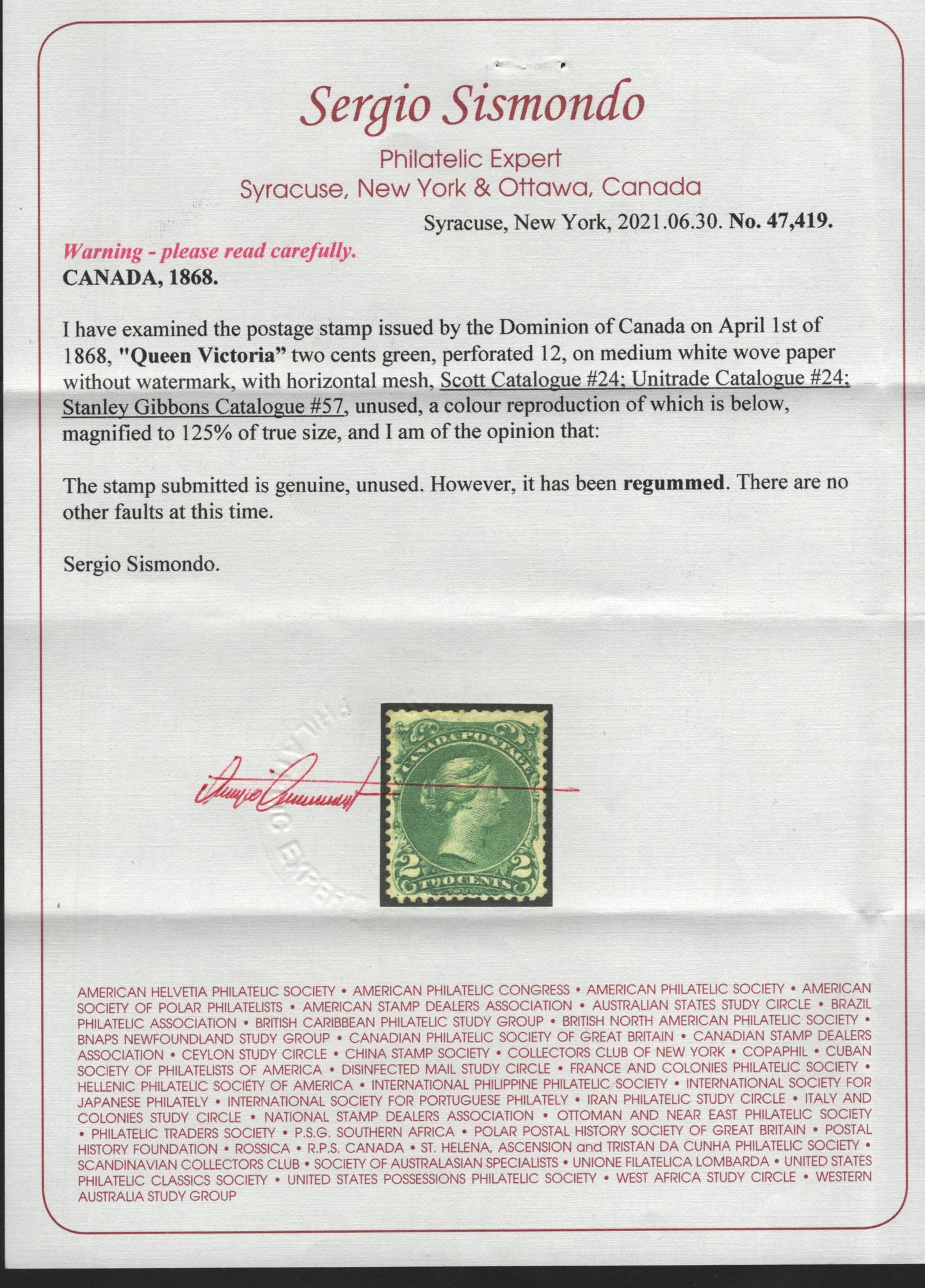 Lot 1 Canada #24 2c Green Queen Victoria, 1868-1876 Large Queen Issue, A Fine Regummed Single, Paper FO-Q (Silky Smooth Horizontal Wove Paper), Which Is A Variant Of Duckworth Paper 10, Sismondo Cert.
