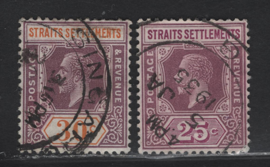 Lot 102 Straits Settlement (C) SG#234a, 235a 25c - 30c Dull Purple & Mauve - Dull Purple & Orange King George V, 1921-1933 KGV Imperium Keyplate Issue, 2 Fine/Very Fine Used Singles, Script CA Wmk, Both Die 2, 25c Is Type 1.