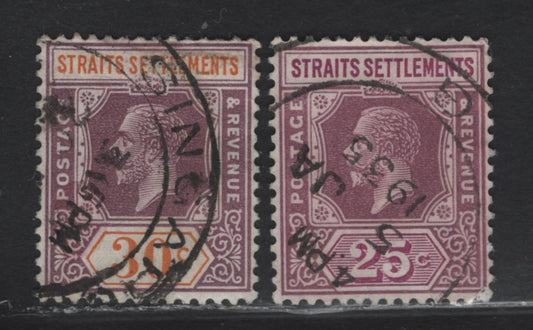Lot 102 Straits Settlement (C) SG#234a, 235a 25c - 30c Dull Purple & Mauve - Dull Purple & Orange King George V, 1921-1933 KGV Imperium Keyplate Issue, 2 Fine/Very Fine Used Singles, Script CA Wmk, Both Die 2, 25c Is Type 1.