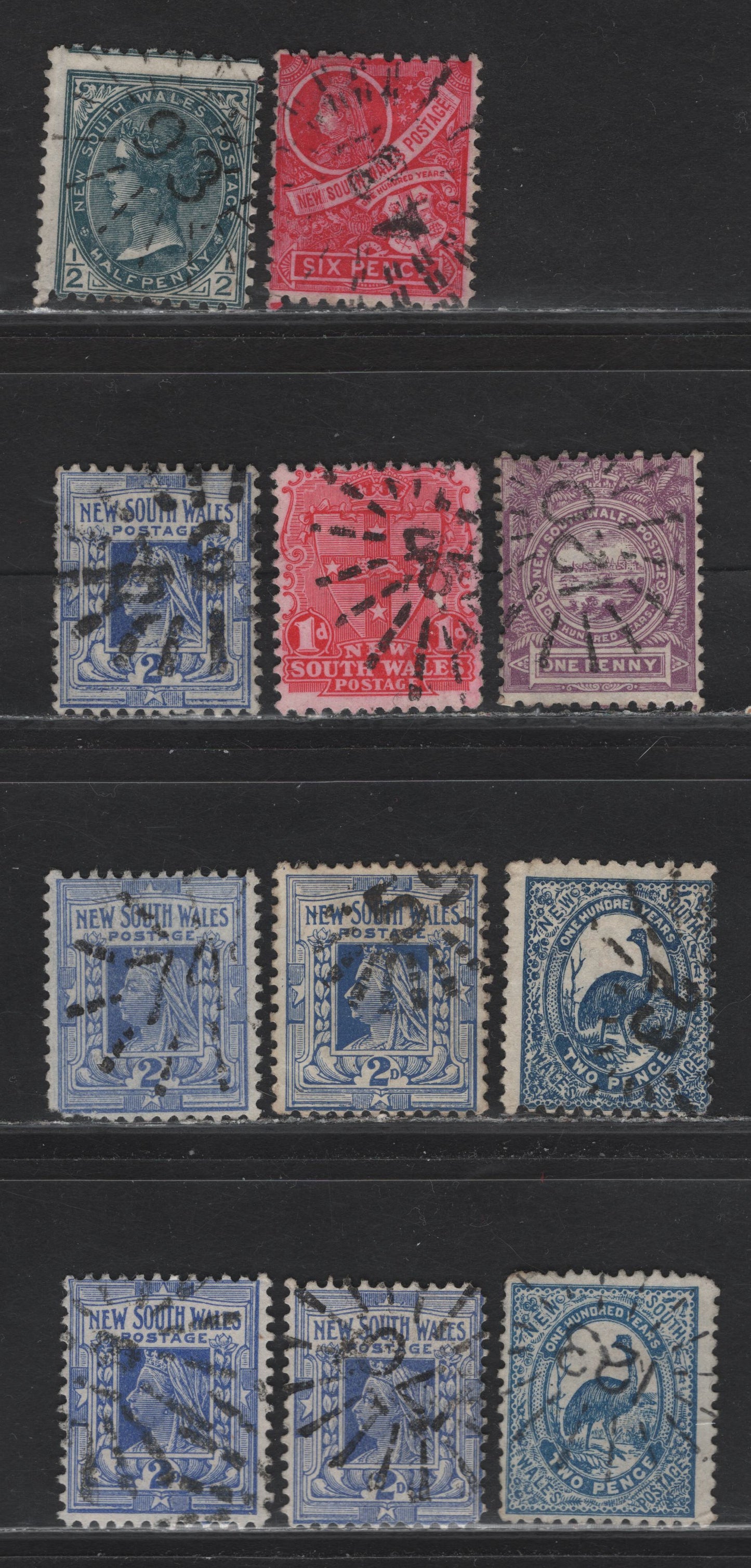 Lot 110 Australia - New South Wales (C) SG#253-254,d, 272, 292a, 294a-b, 334 1d Lilac - Rose Carmine , 1892-1910 Centenary - Arms Issues, 11 Fine/Very Fine Used Singles, Sunburst Numeral Cancels #46, 18, 74, 70, 94, 59, 93, 431, 23, 123 & 120