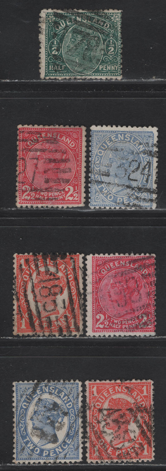 Lot 112 Australia - Queensland (C) SG# 1/2d - 2.5d Green - Rose Red Queen Victoria, 1890-1908 Queen Victoria Sideface Issue, 7 Very Good/Fine/Very Fine Used Singles, Crown Over Q Wmk, Numeral Cancels 183, 438.27, 178, 488, 324 & 198