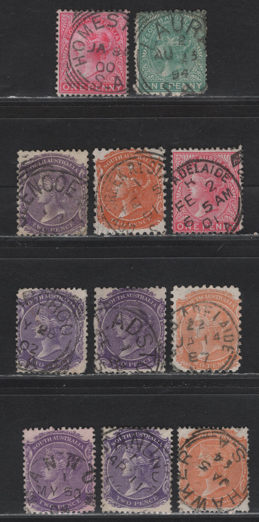 Lot 114 Australia - South Australia (C) SG#173, 176, 174a, 168, 180, 178 1d - 2d Green - Purple Queen Victoria, 1876-1904 Queen Victoria Sideface Issues, 11 Very Good-Very Fine Used Singles, CDS Town Cancels, Crown Over SA Wmk