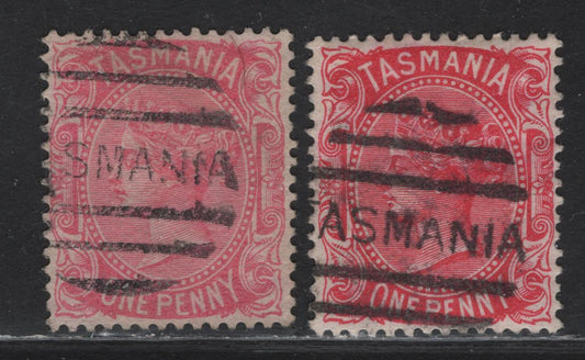 Lot 120 Australia - Tasmania (C) SG#156-a 1d Carmine - Rose Carmine Queen Victoria, 1878 De La Rue Sideface Issue, 2 Very Fine Used Singles, Tasmania Bootheel Duplex Cancels