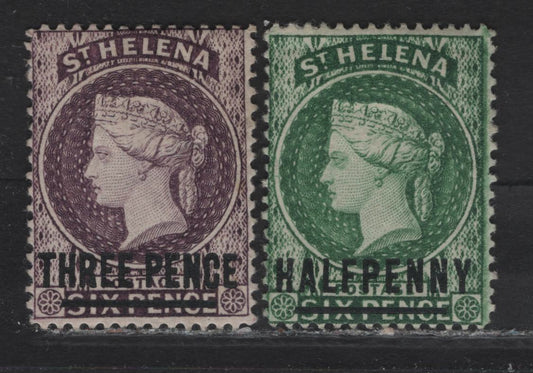Lot 12 St Helena (C) SG#35x, 42w 1/2d - 3d Green - Deep Reddish Lilac Queen Victoria, 1884-1894 Surcharged Courbould Heads Issue, 2 F/VFOG Singles, Reversed Crown CA Wmk
