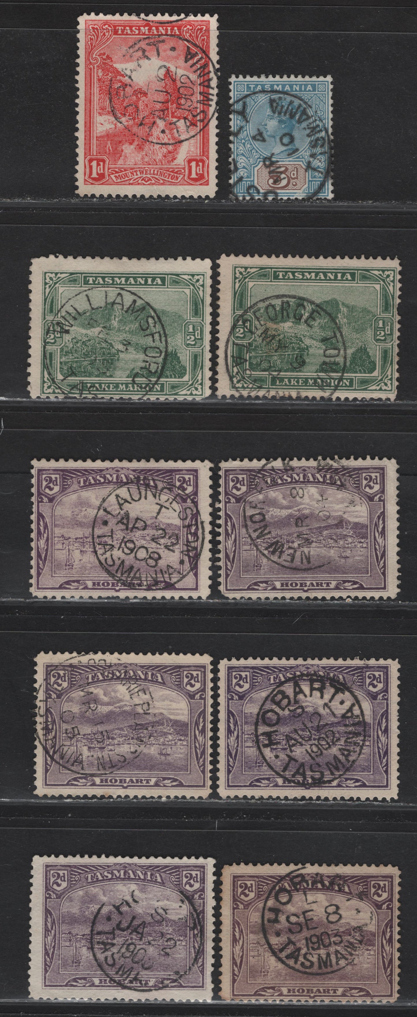 Lot 122 Australia - Tasmania (C) SG#218, 237,b, 238-239 , 1902-1912 Lithographed Pictorial Issue, 10 Very Good/Fine/Very Fine Used Singles, CDS Town Cancels, Perfs 11.5 (1/2d & 2d), 12.5 & 14