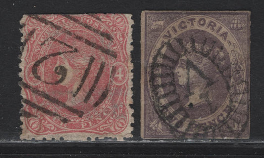 Lot 124 Australia - Victoria (C) SG#70a, 92 2d - 4d Dull Violet - Rose Pink Queen Victoria, 1858-1860 Emblems - Beaded Oval Issues, 2 Good-Very Fine Used Singles, Son Strike Of Melbourne #1 Over V Bootheel Cancel, #2 Geelong Cancel