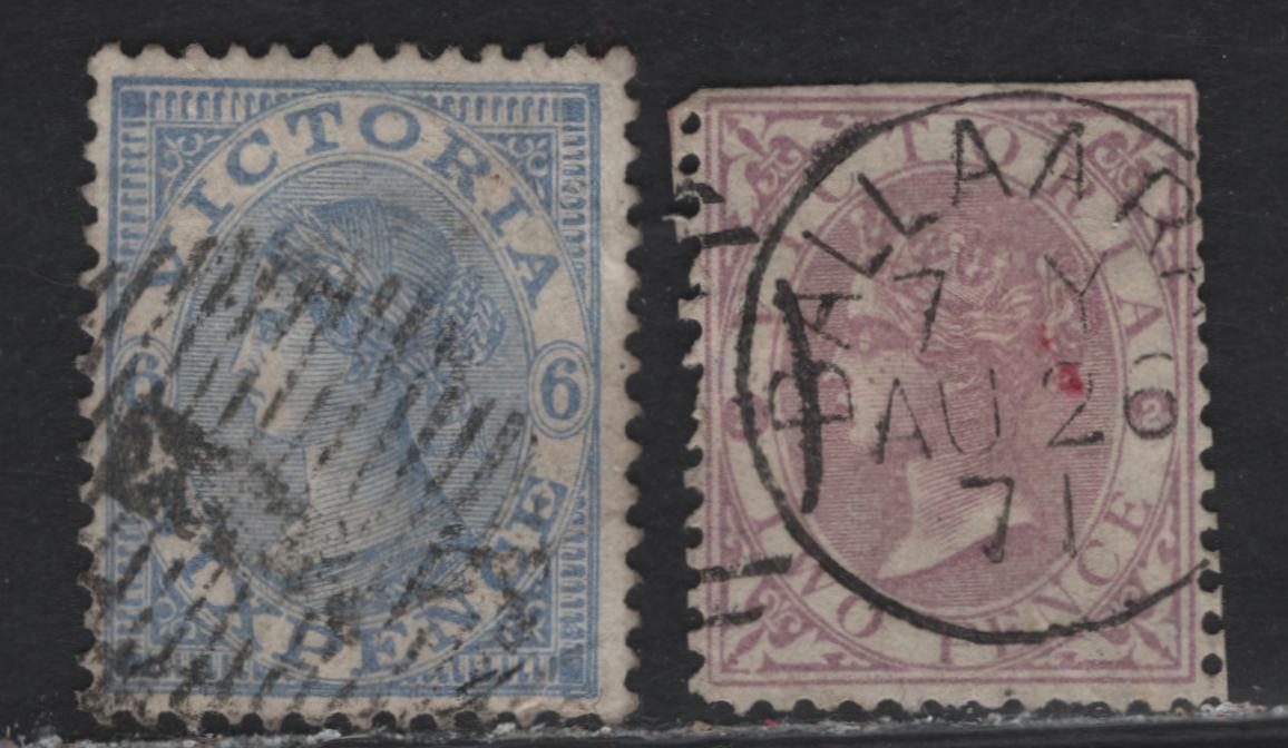 Lot 125 Australia - Victoria SG#214b, 170 2d - 6d Dull Lilac Mauve - Light Ultramarine Queen Victoria, 1870-1884 Queen Victoria Keyplate Issue, 2 Ungraded Used Singles, #1 Barred Numeral Cancel For Melmourne, August 2nd 1871 Ballorat CDS