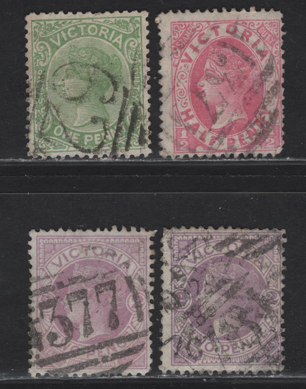 Lot 129 Australia - Victoria (C) SG#296-298a 1d - 2d Green - Lilac/Mauve Queen Victoria, 1885-1895 Queen Victoria Issue, 4 Fair/Fine/Very Fine Used Singles, Barred Numeral Cancels #371, 377, 62 & 78