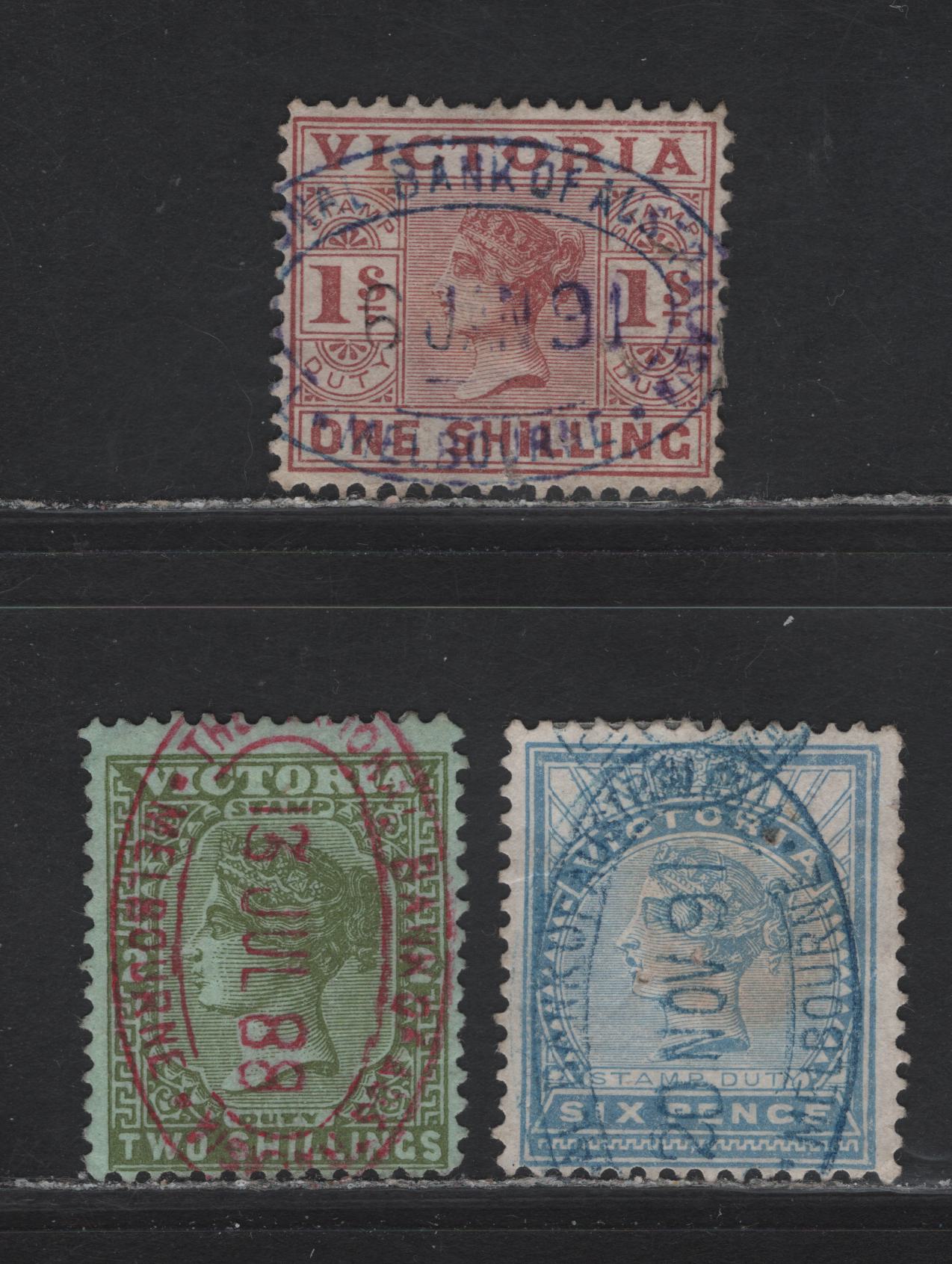 Lot 130 Australia - Victoria SG#295, 318b, 341 6d - 2/- Blue - Green Queen Victoria, 1885-1899 Stamp Duty Issue, 3 Fine Used Singles, Bank Of Australia Cancels, Nice Central Cancels