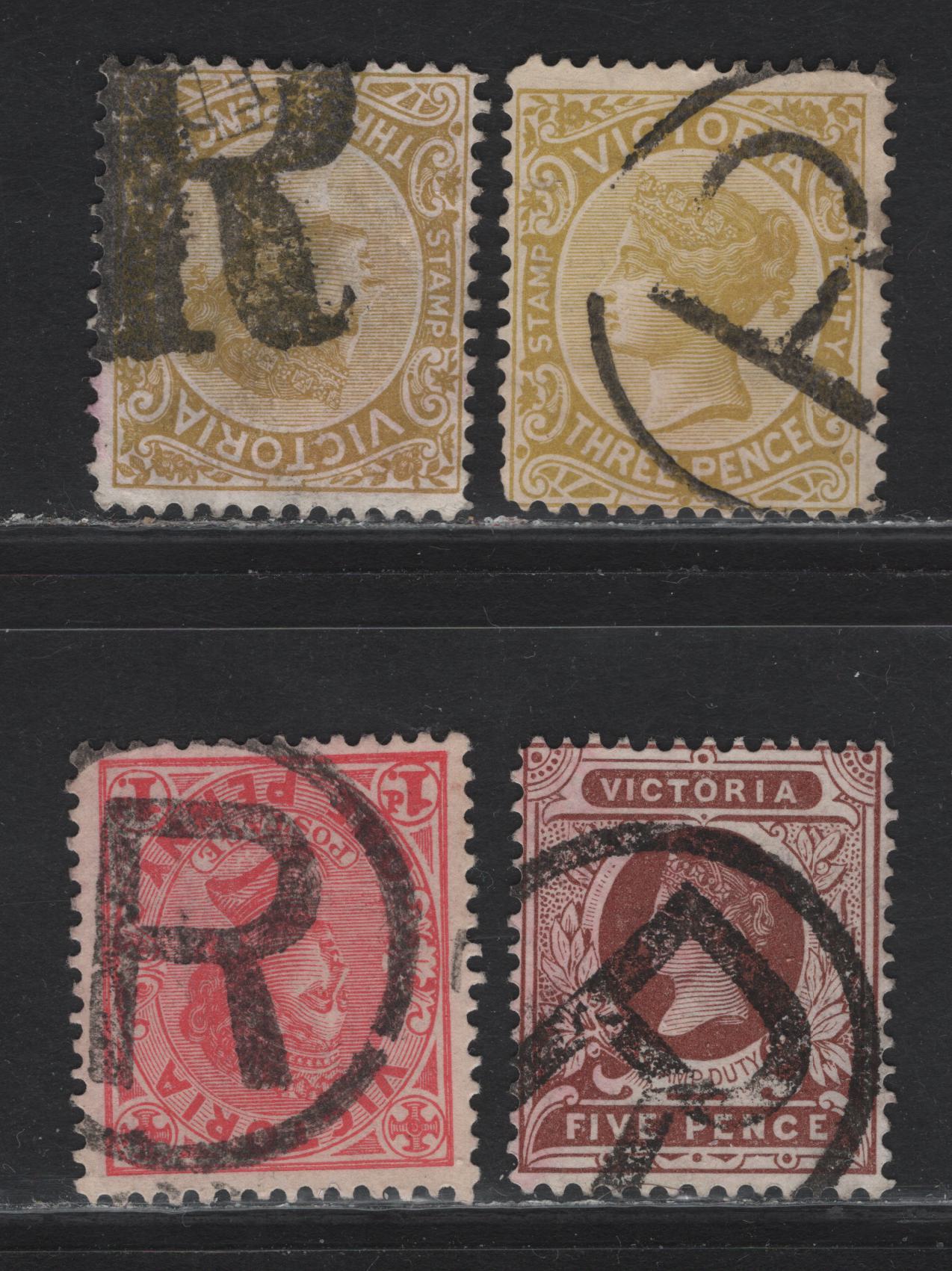 Lot 133 Australia - Victoria (C) SG#299a, 317a, 361, 385b 1d - 5d Rose Red - Brown Queen Victoria, 1885-1910 Postage Issues, 4 Very Good/Fine Used Singles, Registered Cancellations, Including Fancy Bold 'R' And Sans-Serif 'R's Within Circle