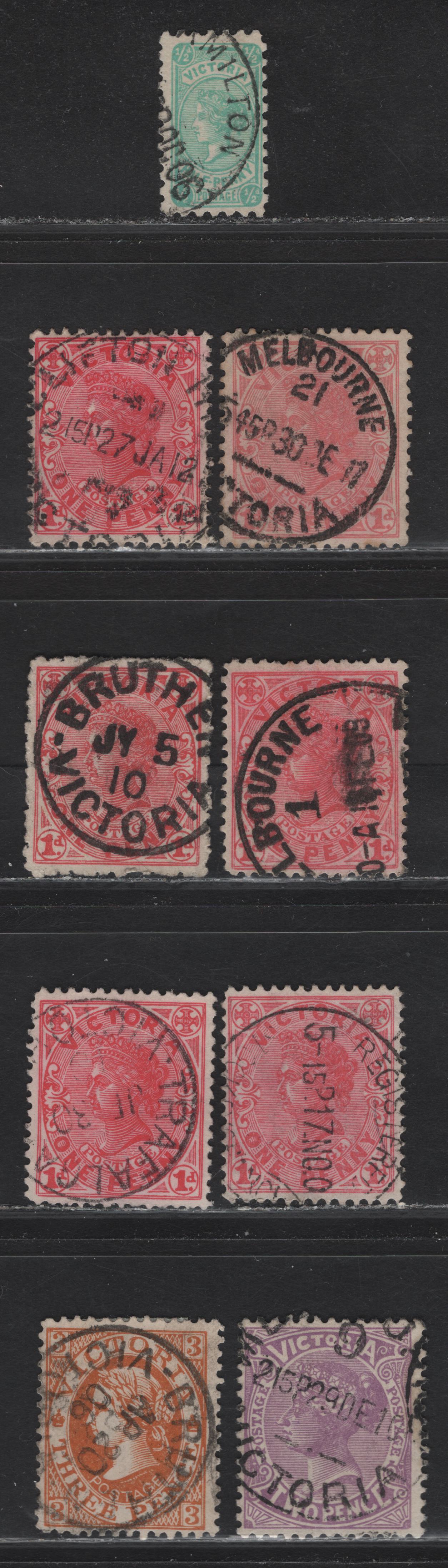 Lot 139 Australia - Victoria (C) SG#385c, 423, 417,a, 418c, 420 1d - 6d Pale Rose Red - Dull Green Queen Victoria, 1901-1913 Queen Victoria Issues, 9 Fine/Very Fine Used Singles, Single Circle Town, Melbourne & Registered CDS Cancels