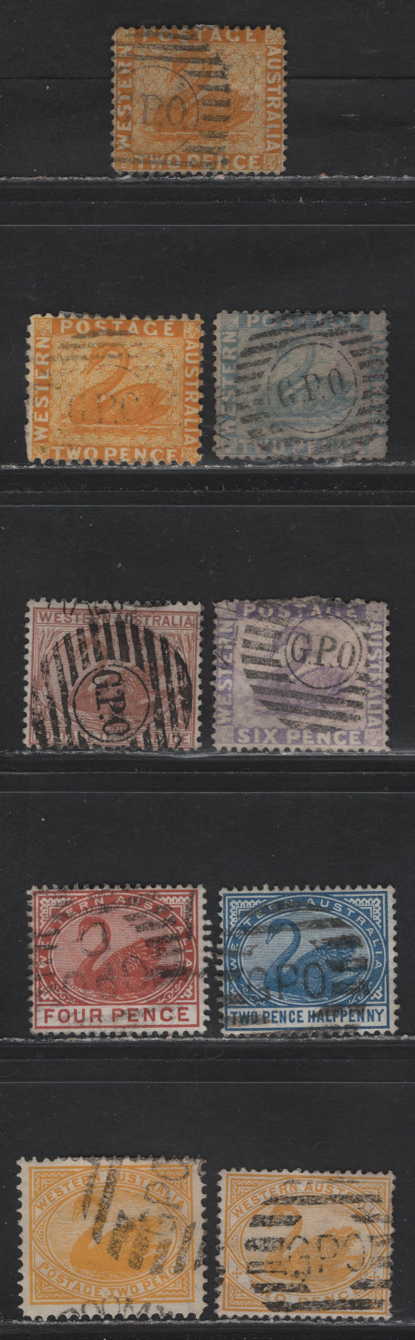 Lot 141 Western Australia SG#54, 63, 71, 80, 97a, 98, 104, 113, 118 Swans, 1864-1911 Swans Issues, 9 Fine/Very Fine Used Singles, GPO Barred Cancels, Engraved & Typographed Swans