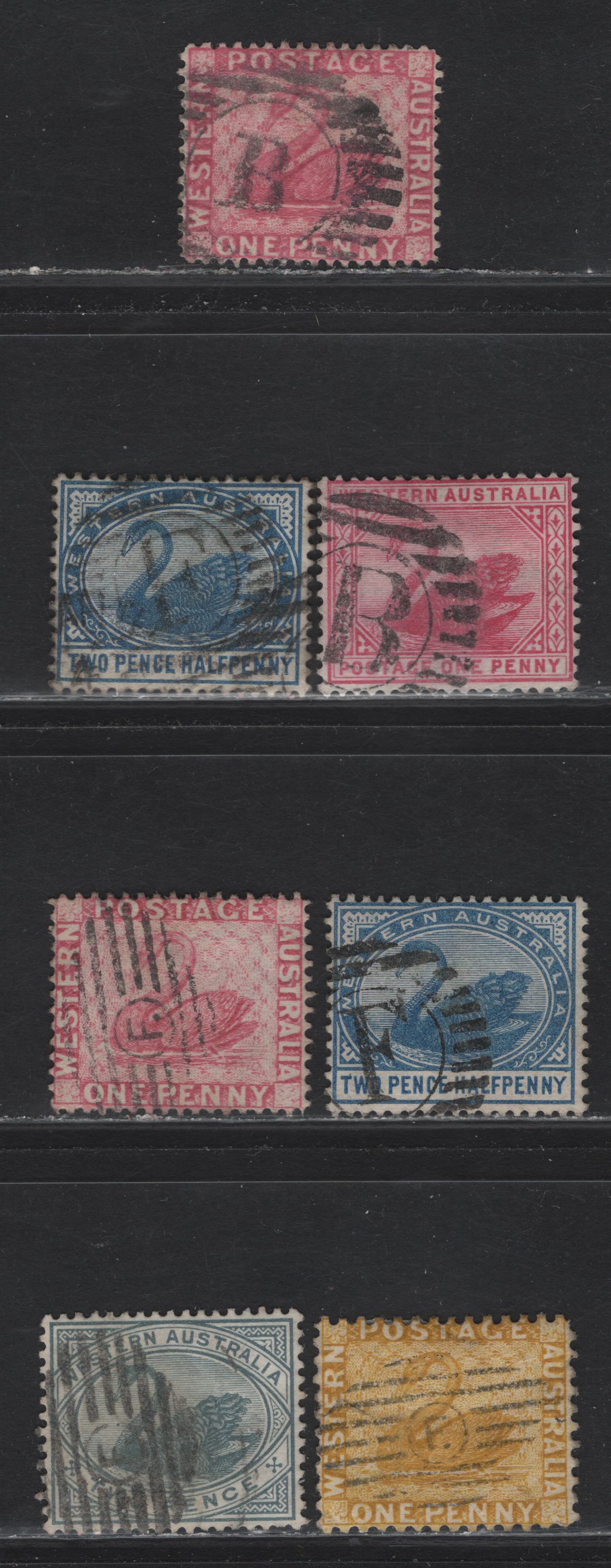 Lot 142 Western Australia (C) SG#83, 103, 95, 96, 97a Swans, 1883-1893 Swans Issues, 7 Fine/Very Fine Used Singles, Burbury 'B' & Fremantle 'F" Barred Cancels
