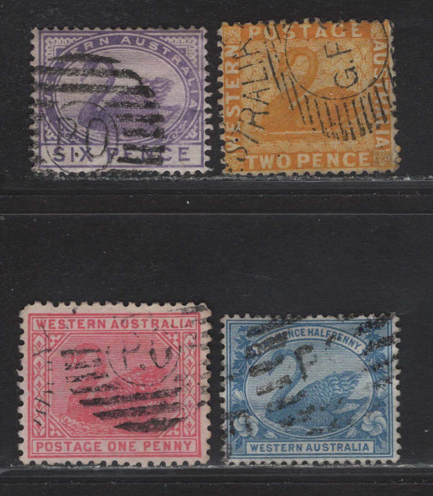 Lot 143 Western Australia (C) SG#54, 100, 114, 139 Swans, 1864-1912 Swan Issues, 4 Very Fine Used Singles, PO & GPO Barred Cancels