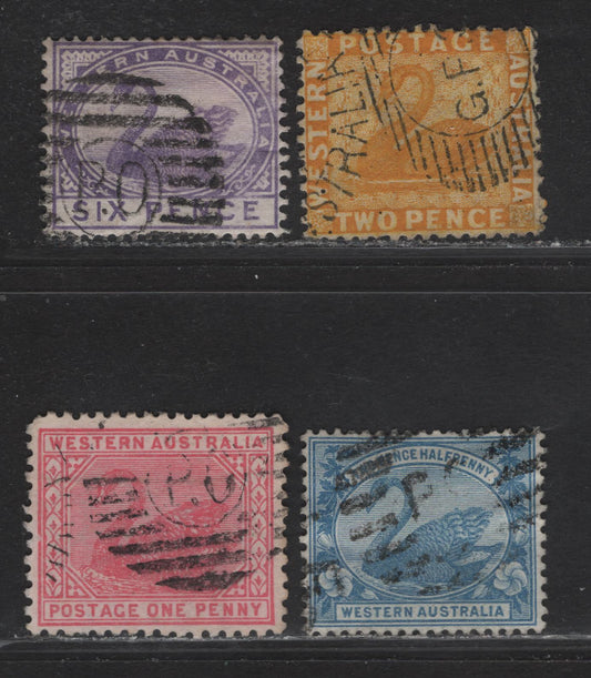 Lot 143 Western Australia (C) SG#54, 100, 114, 139 Swans, 1864-1912 Swan Issues, 4 Very Fine Used Singles, PO & GPO Barred Cancels
