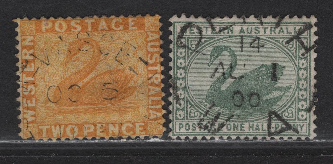 Lot 144 Western Australia SG#77, 94 2d - 1/2d Chrome Yellow - Gray Green Swans, 1882-1893 Swan Issues, 2 Fine/Very Fine Used Singles, SON Perth & Vasse Split Ring Cancels, Crown CA Wmk