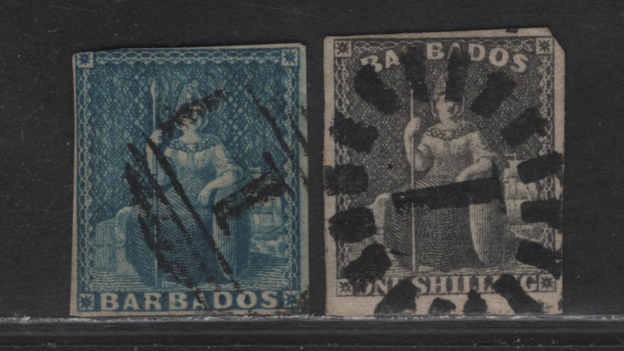Lot 148 Barbados (C) SG#10, 12a 1d - 1/- Deep Blue - Black Britannia, 1855-1858 Britannia Issue, 2 Very Good/Fine Used Imperf Singles, White Paper, Unwatermarked, #1 Barred Numeral & Sunburst Cancellations