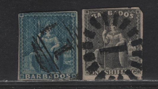 Lot 148 Barbados (C) SG#10, 12a 1d - 1/- Deep Blue - Black Britannia, 1855-1858 Britannia Issue, 2 Very Good/Fine Used Imperf Singles, White Paper, Unwatermarked, #1 Barred Numeral & Sunburst Cancellations