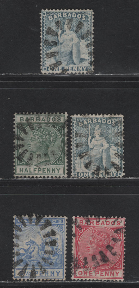 Lot 149 Barbados (C) SG#74, 89, 91, 109 1/2d - 1d Blue - Red Britannia - Queen Victoria, 1875-1886 Britannia - Queen Victoria Issues, 5 Fine/Very Fine Used Singles, Sunburst Cancels, Crown CC & Crown CA Wmk