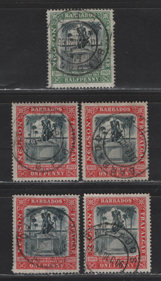Lot 152 Barbados (C) SG# 1/2d - 1d Green & Black - Red & Black Nelson Centenary, 1906 Nelson Centenary Issue, 5 Fine/Very Fine Used Singles, SON Barbados GPO CDS Cancels, Crown CC Wmk, Thin Bluish White Paper.