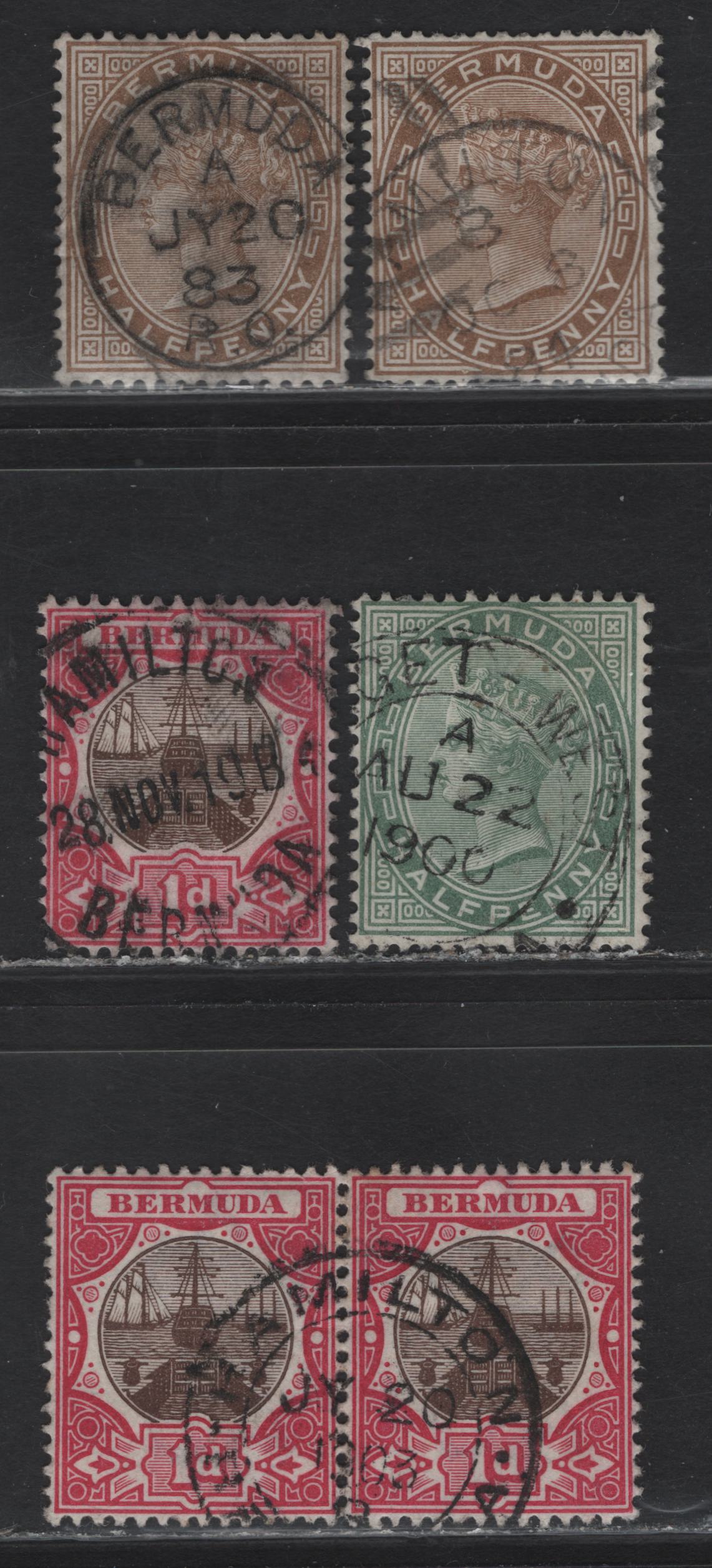 Lot 155 Bermuda (C) SG#19, 21, 32 , 1880-1903 Queen Victoria - Dry Dock Issues, 5 Fine/Very Fine Used Singles & Pair, Paget West, Hamilton & Bermuda CDS Cancels