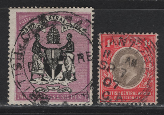 Lot 156 British Central Africa (C) SG#26, 68 2/6 - 1d Black & Bright Magenta - Gray & Carmine , 1895-1907 Arms - King Edward VII Issues, 2 Fine/Very Fine Used Singles, Blantyre Postal & Hut Tax Revenue Cancels, Multiple Crown CA Wmk