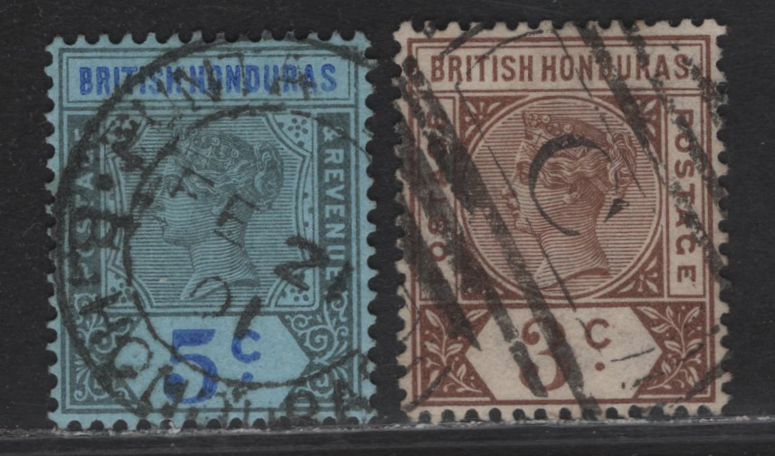 Lot 161 British Honduras (C) SG#53, 55, 1891-1901 Queen Victoria Keyplate Issue, 2 Very Fine Used Singles, Punta Gorda & Corozal Barred Cancels, Research Indicated Both hese Cancels Are Scarce