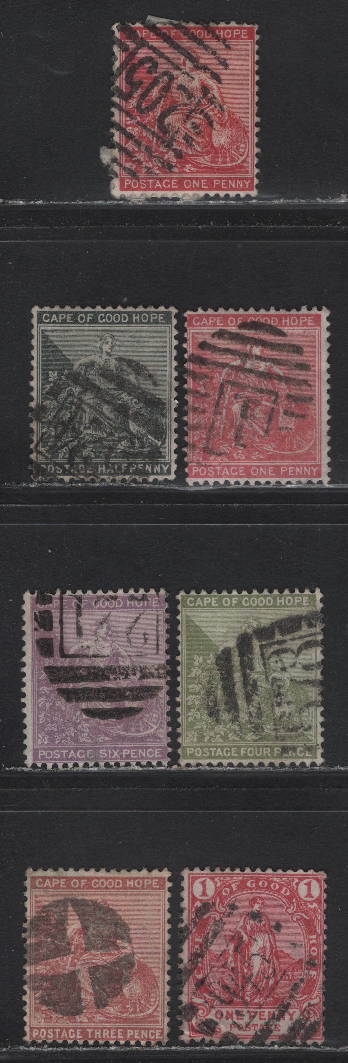 Lot 164 Cape of Good Hope (C) SG#29, 39a, 48a, 52b, 59, 49a, 65 , 1871-1898 Seated & Standing Hope Issues, 7 Very Good/Fine/Very Fine Used Singles, Cork & Barred Numeral Cancellations, Including #1, 221, 524, 678, 205 and 945