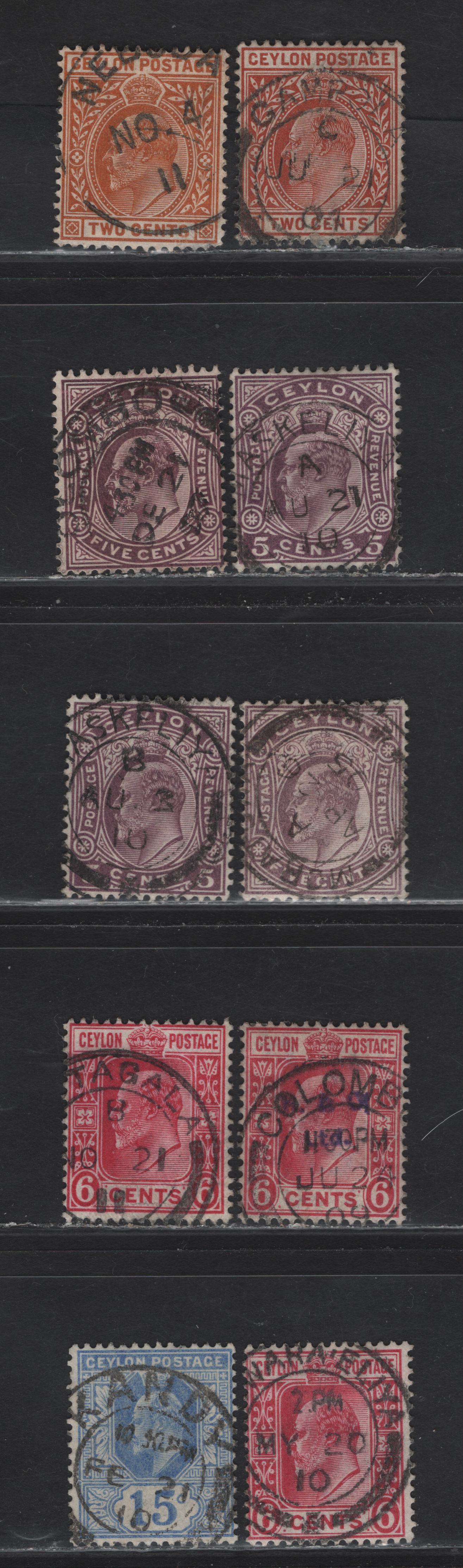 Lot 168 Ceylon (C)   1903-1912 King Edward VII Issues, 10 Fine/Very Fine Used Singles, CDS Town Cancels, Towns Include Gampola, Kandy, Waraeliya, Neboda, Kaskelitya, Colombo, Tagala & One I Couldn't Quite Identify, Multiple Crown CA Wmk.