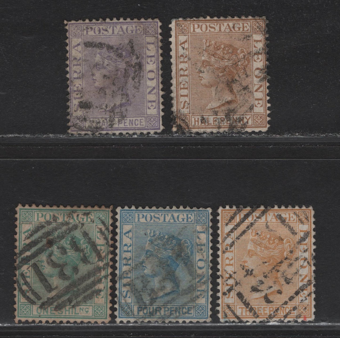 Lot 17 Sierra Leone (C) SG#16, 18, 20-22 1/2d - 1/- Brown - Green Queen Victoria, 1876 Queen Vicotira Keyplate Issue, 5 Fine/Very Fine Used Singles, Crown CC Wmk, Perf 14