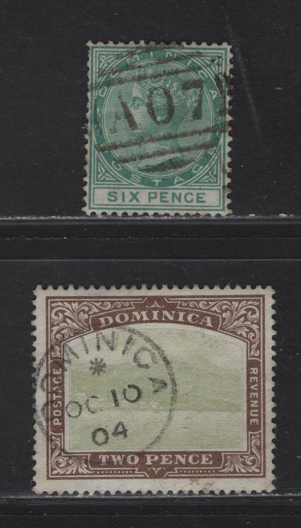 Lot 172 Dominica SG#8, 29 6d - 2d Green - Yellow Green & Brown Queen Victoria - Rousseau Views, 1877-1907 Queen Victoria - Rousseau Views Issues, 2 Fine/Very Fine Used Singles, AO7 Roseau Barred Numeral Cancel, SON Oct. 10 1904 Dominca CDS