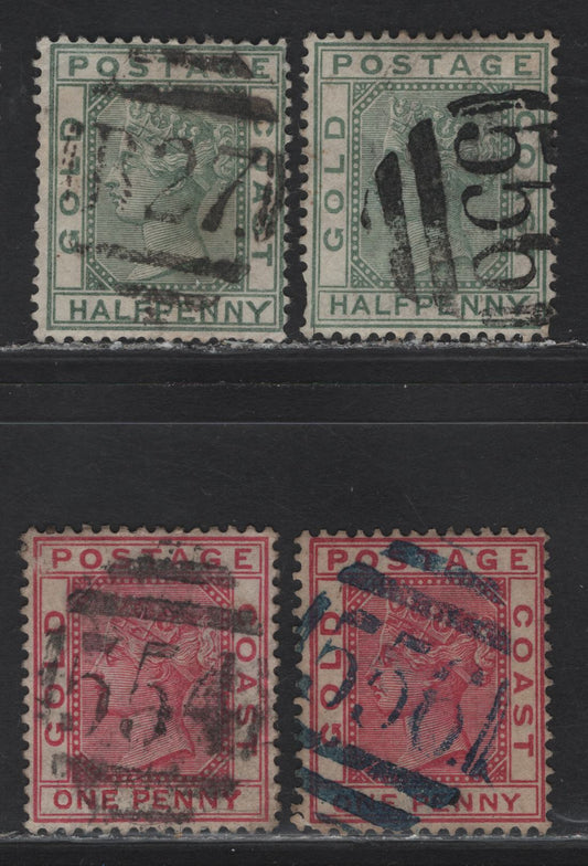 Lot 177 Gold Coast (C) SG#11-12, 1884-1891 Queen Victoira Keyplate Issue, 4 Very Good/Fine Used Singles, Cape Coast(556), Accra(554) & Atlantic Mail Boat(B27) Barred Numeral Cancels