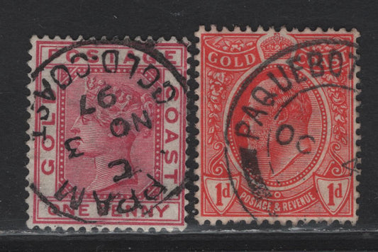 Lot 178 Gold Coast (C) SG# 1d Carmine - Scarlet , 1884-1908 Queen Victoria - King Edward VII Issues, 2 Fine/Very Fine Used Singles, Scarce Prampram & Paquebot Ship Cancels, Multiple Crown CA Wmks