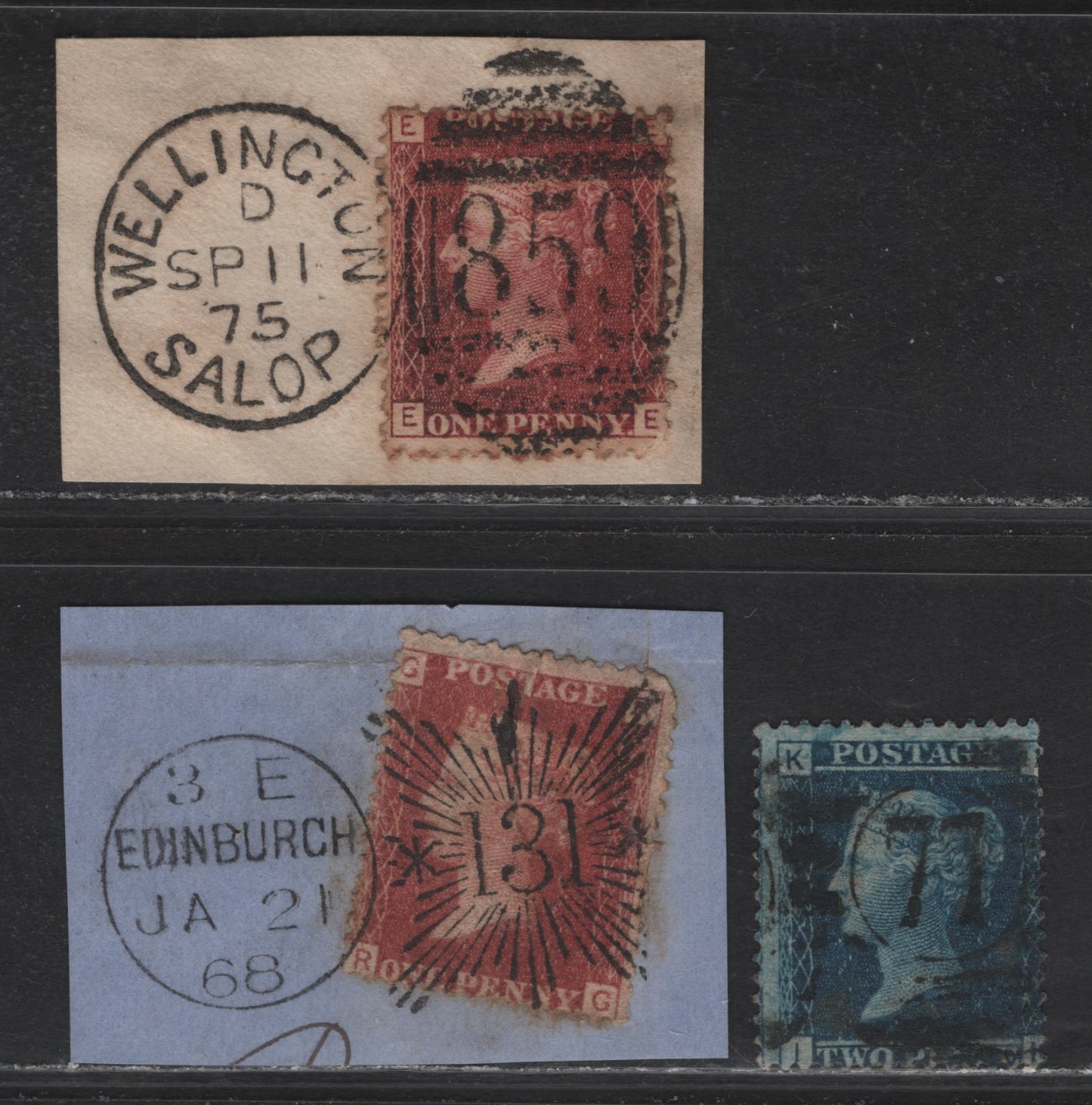 Lot 179 Great Britain (C)  1864-1879 Queen Victoria Issue, 3 Ungraded Used Singles, Edinburgh Sunburst, Wellington Duplex & London District #77 Cancels