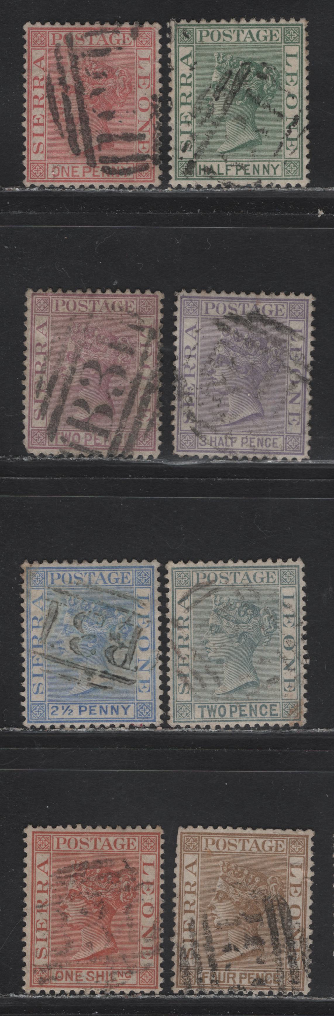 Lot 18 Sierra Leone (C) SG#18, 24-25, 27, 30-31, 33-34 1.5d - 1/- Lilac - Red Brown Queen Victoria, 1876-1891 Queen Victoria Keyplates Issues, 8 Fine/Very Fine Used Singles, Crown CC & Crown CA Wmk, Many With B31 Barred Numeral Cancels