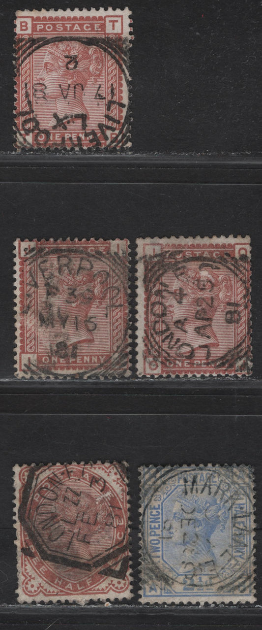 Lot 181 Great Britain (C)   1880-1883 Queen Victoria Surface Printed Issue, 5 Ungraded Used Singles, Liverpool, London EC, Mark Lane Squared Circle Cancels & Octagonal Squared London EC Cancel