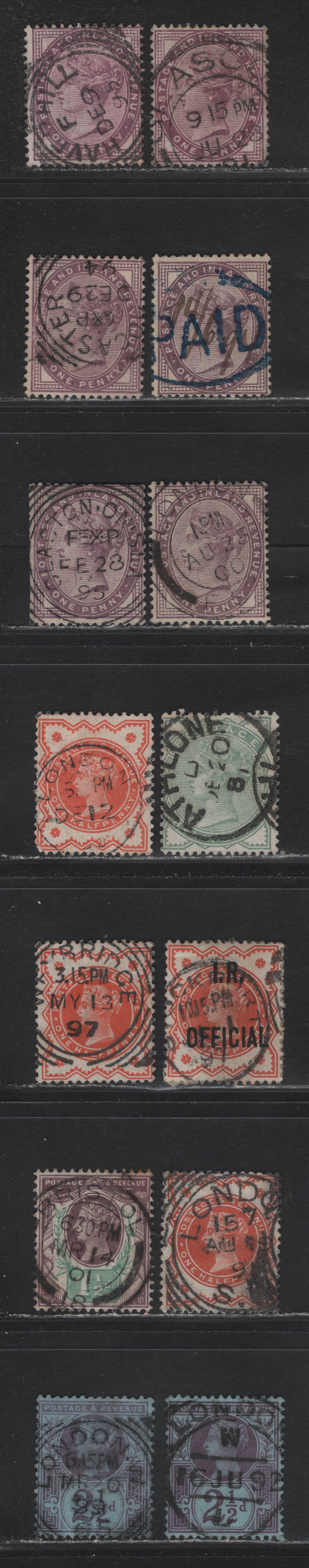 Lot 182 Great Britain (C)   1887 Jubilee Issues, 14 Fine/Very Fine Used Singles, Paid, CDS & Squared Circle Cancels, Includes Bristol, Clacton on Sea, Brockport, Weybridge, Athlone & Haverhill