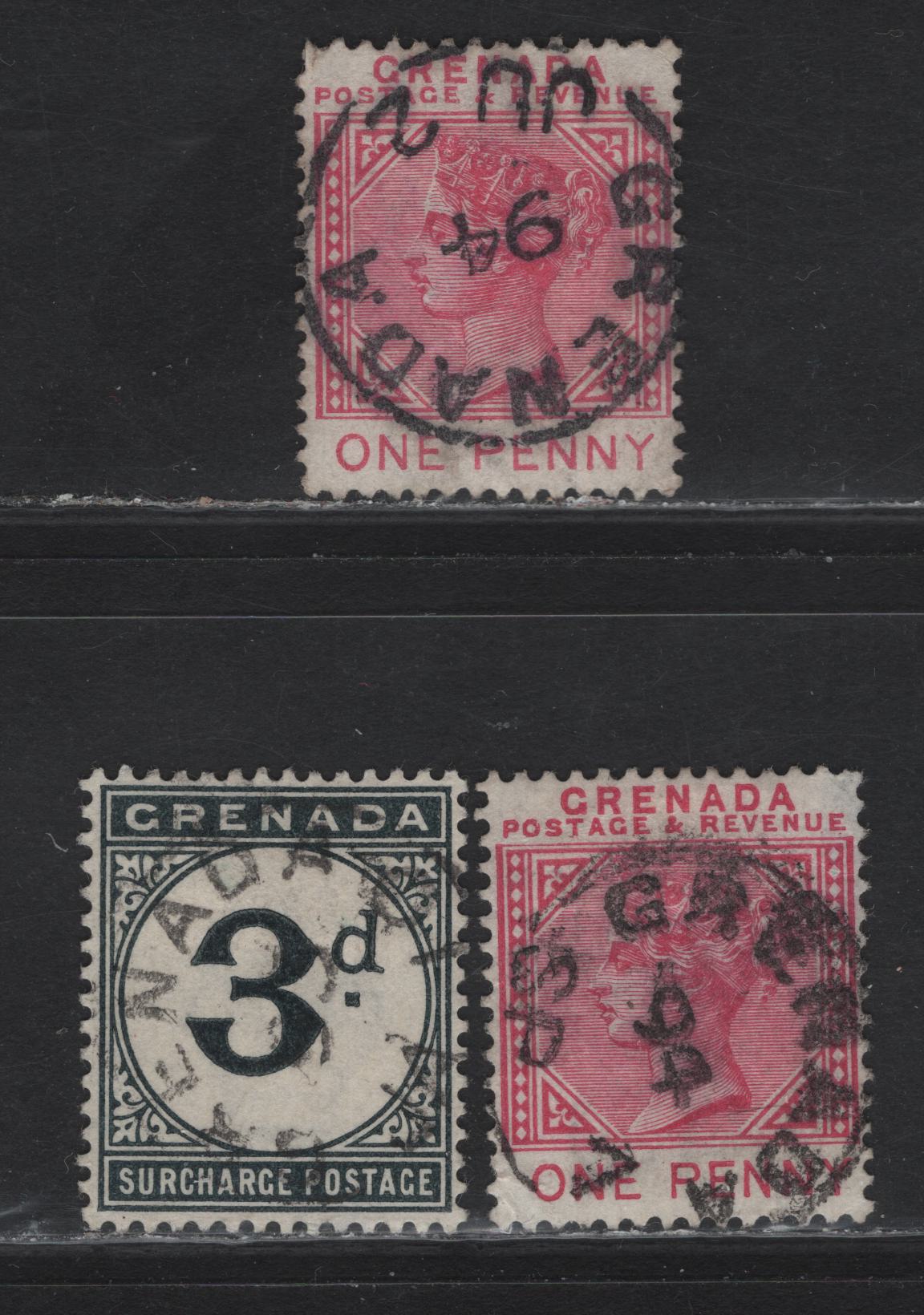 Lot 183 Grenada (C)   1887-1892 Keyplate & Postage Due Issues, 3 Fine/Very Fine Used Singles, Short Lived SON Grenada CDS Cancels Dated June 2 1894, Sept 7 1894 & January 10 1899