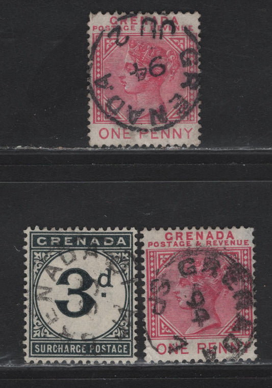 Lot 183 Grenada (C)   1887-1892 Keyplate & Postage Due Issues, 3 Fine/Very Fine Used Singles, Short Lived SON Grenada CDS Cancels Dated June 2 1894, Sept 7 1894 & January 10 1899