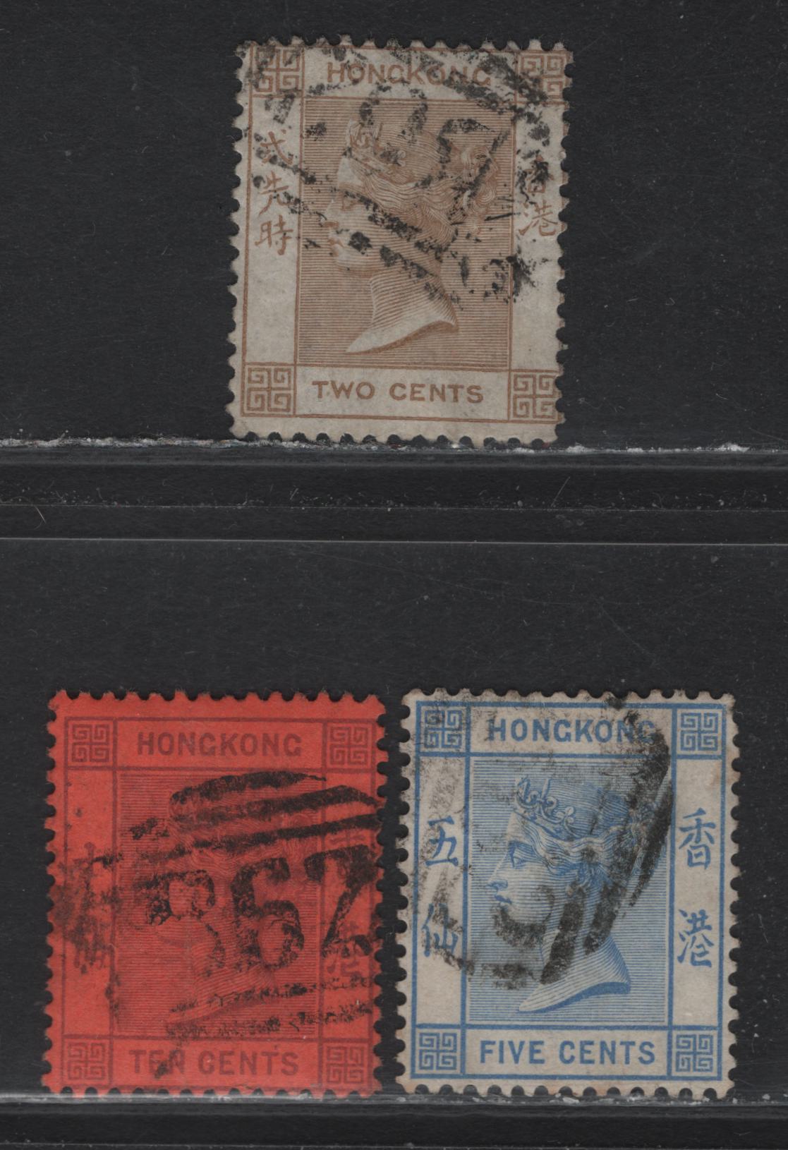 Lot 188 Hong Kong (C) SG#8b, 29, 38 2c - 10c Deep Brown - Purple on Red Queen Victoria, 1863-1896 Keyplate Issue, 3 Very Good/Very Fine Used Singles, B62 Barred Numeral Cancels, Crown CC & Crown CA Wmks
