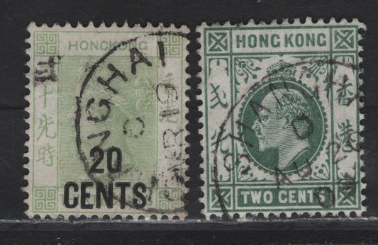 Lot 190 Hong Kong (C) SG#48, 77 20c on 30c - 2c Yellowish Green - Dull Green Queen Victoria, 1891-1903 Queen Victoria Keyplate Issues, 2 Very Fine Used Singles, Shanghai Treaty Port Z808 & Z835, Color is Slightly Faded On Z835