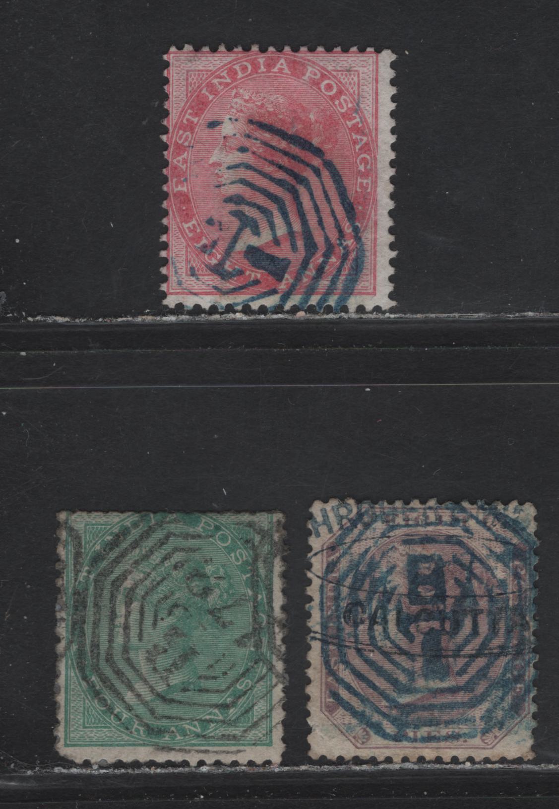 Lot 192 India & Burma (C) SG#73, 64, 56, 1865 Surface Printed Issue, Wmk Elephants Head, 3 VG Used Singles With Concentric Octagonal Numeral Cancellations. Includes B179 For Thayetmyo And B1 For Calcutta