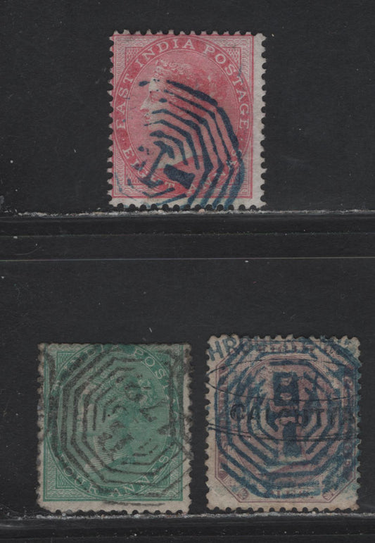 Lot 192 India & Burma (C) SG#73, 64, 56, 1865 Surface Printed Issue, Wmk Elephants Head, 3 VG Used Singles With Concentric Octagonal Numeral Cancellations. Includes B179 For Thayetmyo And B1 For Calcutta