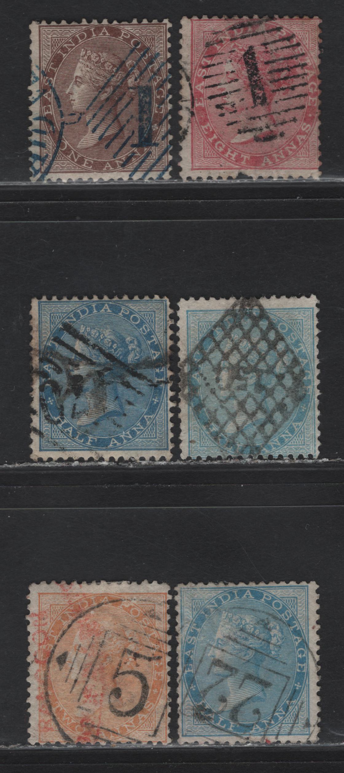 Lot 193 India & Burma (C)  A Selection Of Numeral Grid Cancellations On, 1865-1868 Queen Victoria Surface Printed Issues Wmk Elephant's Head, 6 Fine Used Singles Incl #1 Calcutta Duplex, #22 Nagpur, #5 Madras, #150 Diamond Grid For Lahore, #170