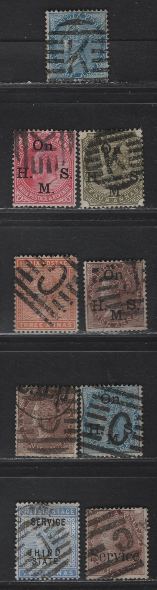 Lot 198 India & Pakistan (C)  Selection Of All India Grid Cancels For Calcutta, Sind,Persian Gulf, Rajputana On, 1865-1868,1882-1900 Queen Victoria Surface Printed Issues, 9 F & VF Used Singles Some Having Service Overprints
