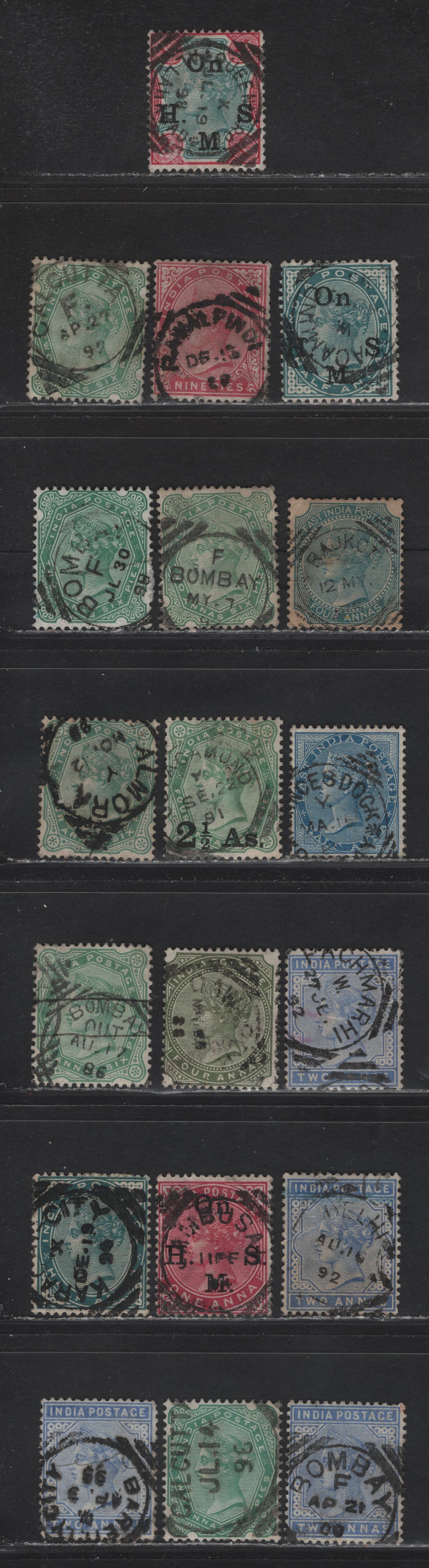 Lot 198A India (C)  Selection Of Squared Circle Cancels On, 1865-1868,1882-1900 Queen Victoria Surface Printed Issues, 19 F & VF Used Singles Including Princes Dock, Karachi City, Pachmari, Bareilly City, Ramai Pindi(Ext Rare)&More