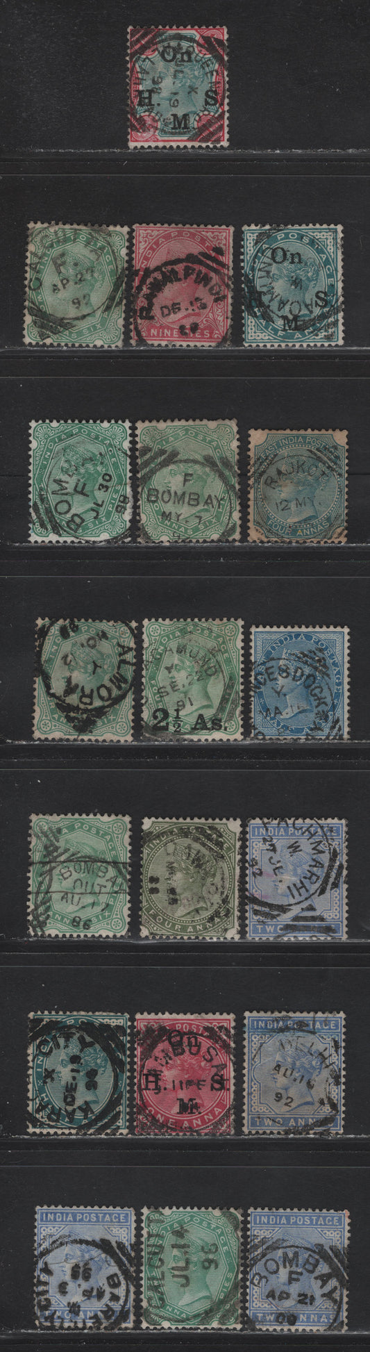 Lot 198A India (C)  Selection Of Squared Circle Cancels On, 1865-1868,1882-1900 Queen Victoria Surface Printed Issues, 19 F & VF Used Singles Including Princes Dock, Karachi City, Pachmari, Bareilly City, Ramai Pindi(Ext Rare)&More